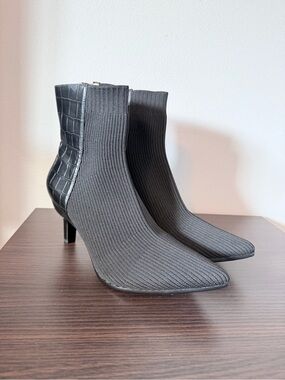 Pashion Black Knit Sock Ankle Boots with Croc Heel